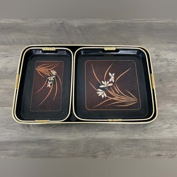 Vintage MCM Japanese Lacquer Ware Nesting Serving Trays - Picture 2 of 9